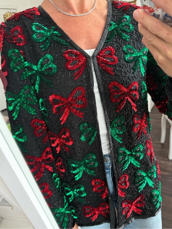 Laurence Kazar Sweaters - NWT Laurence Kazar Silk Beaded Sequin Bow Holiday Jacket Top M